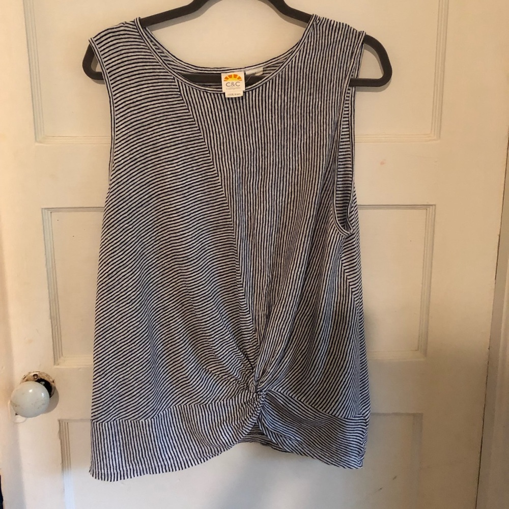 Super cute navy striped sleeveless linen top.